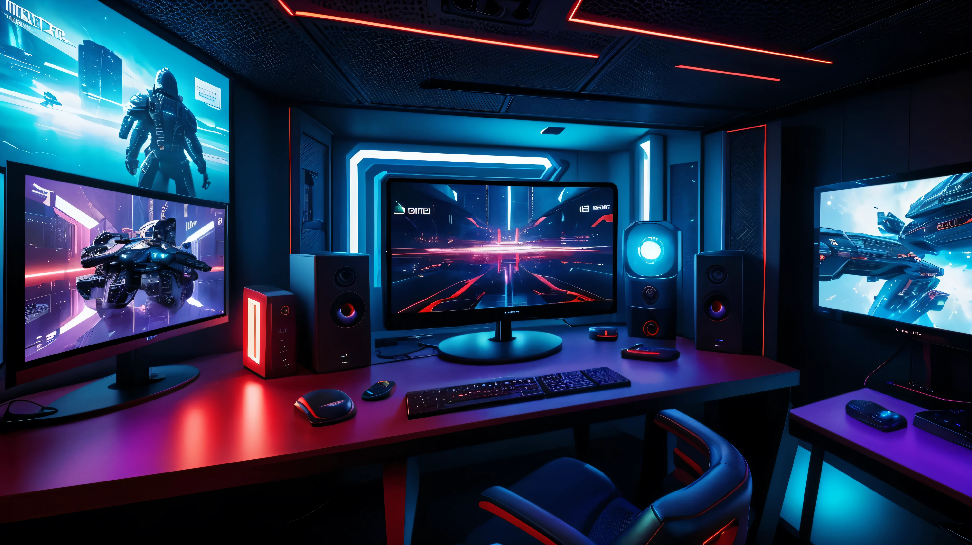 scifi, cyberpunk, futuristic, pc gaming room, hightech, daylight, very cozy, much space, wide angle, a lot of tech, 3 flat curved monitors, monitor ratio 21:9, monitor size 34 zoll, realistic view, ambient light, chilled ambient, year 2124, cinematic