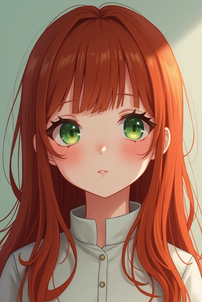Girl, green eyes, inocent face, cute face, long hair, beautiful, realistic girl, symmetrical face, photorealistic, red-haired girl, cute girl, 16 years, kawaii rusian, realistic, round face , adolescent girl [[realistic]]