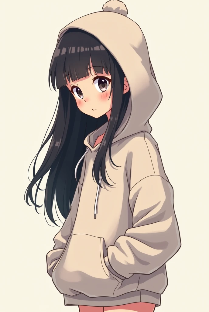 Hoodie girl illustration cartoon picture long black hair with hoodie on body slightly facing left