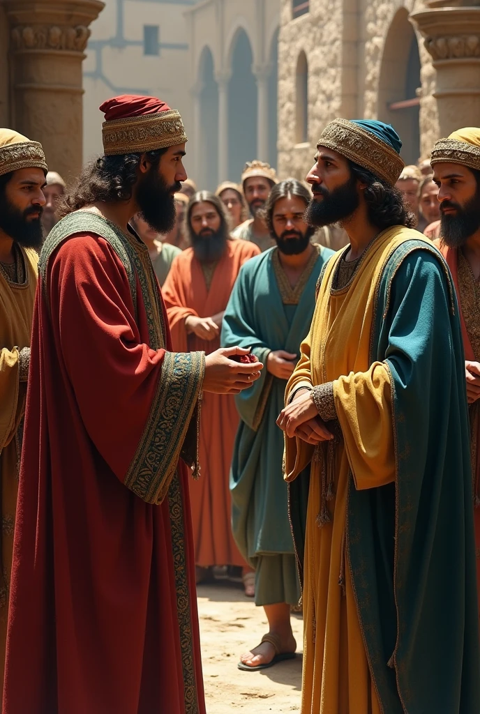 Create an image of the scribes and Pharisees bringing the woman caught in adultery to Jesus