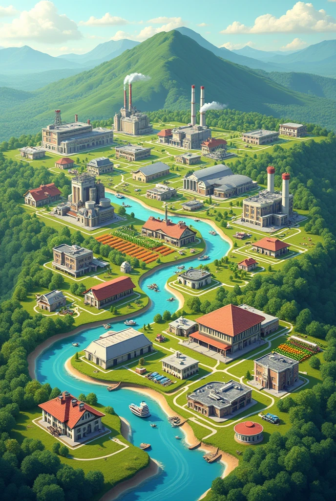 Create an imaginary map and add elements that represent economic growth, like factories, farms, schools, Hospitals, malls, etc