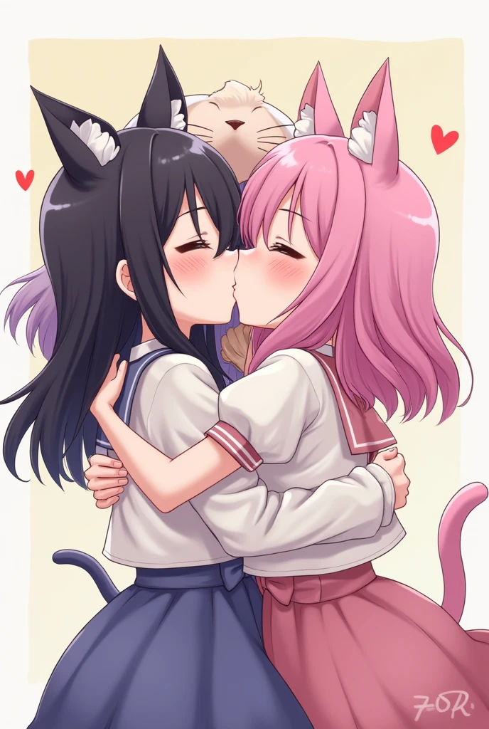 Trois filles neko qui s’embrasse. Noir, pink and purple hair. Manga version
