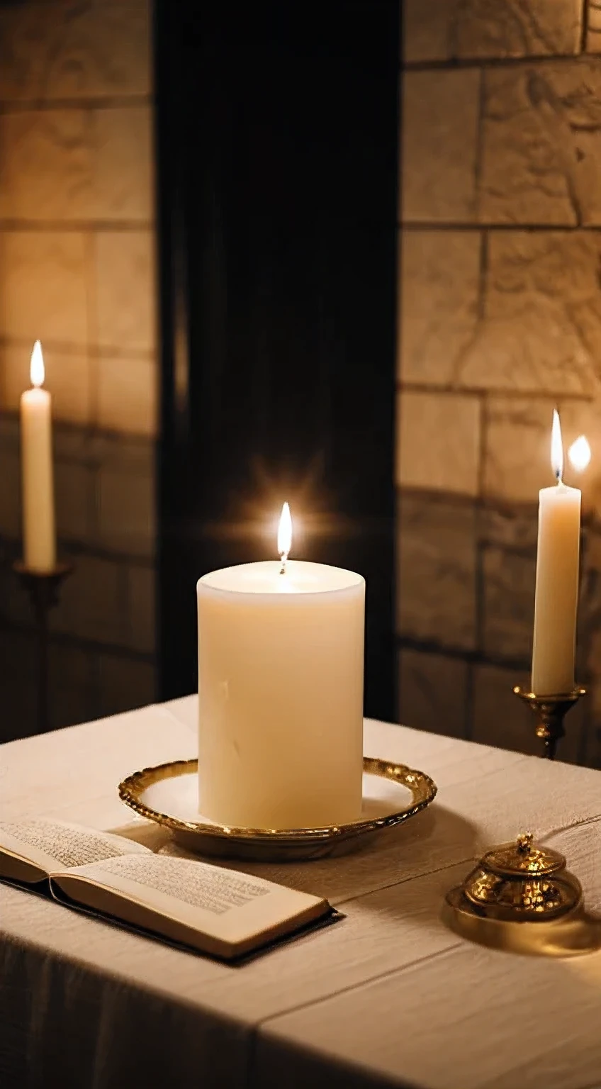 studio style background with aesthetic catholic baptism details, ostiam baptismal shell, candles, bible, cinematic lighting, volumetric lighting