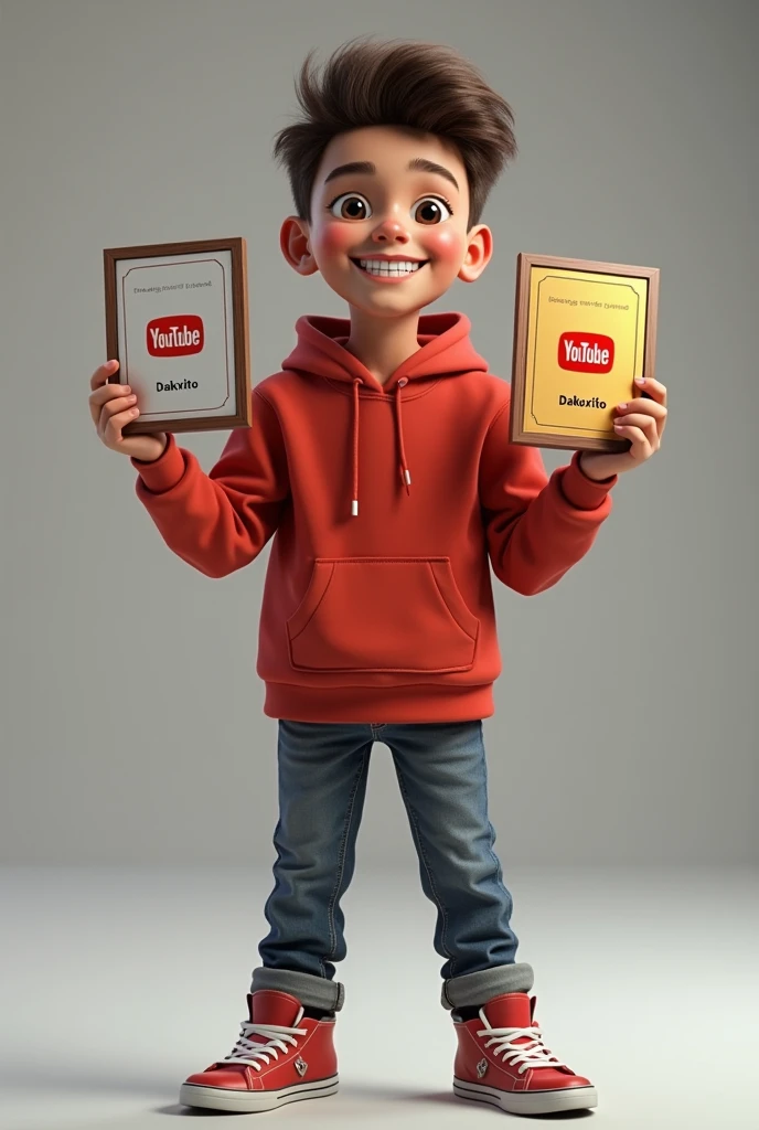 Boy holding two youtube plaques with the name dakuxito 