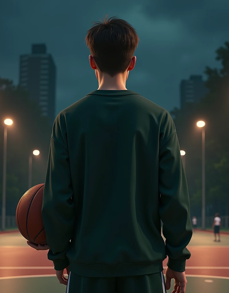 Adult boy from behind on a basketball court at night, throwing a basketball into the hoop, with a dark green sweatshirt.