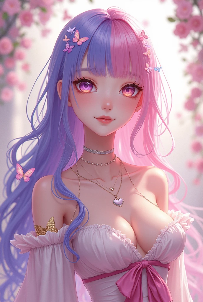 Full-body image, Highest quality possible, Greatest possible realism, Extremely delicate and feminine femboy boy, her hair is half purple and half pink, Her skin is white and delicate, under your skin is a golden, shiny powder, their eyes are different colors each one has a different color, he is cheerful and loves butterflies and flowers, wears a heart necklace and choker, he is elegant and has noble origins, he also loves swords and eating sweets, is always taking both things.