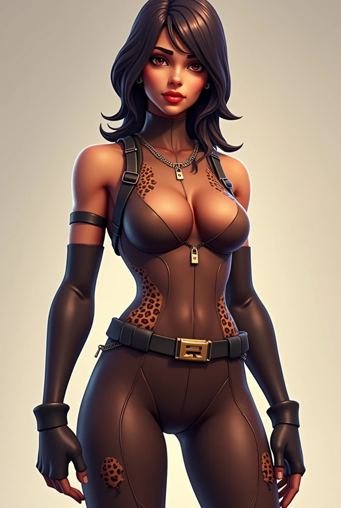 create a picture of a female fortnite character, Medium long hair, like shoulder length but a little longer and layered, straight eyebrows dark brown hair, big eyelashes, medium-sized lips, Clothes with some leopard print but not on the whole shirt, small breasts, full picture