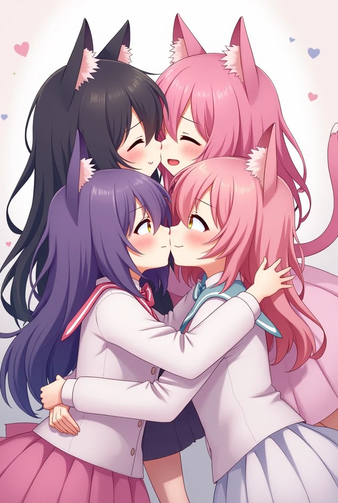 Trois filles neko qui s’embrasse. Noir, pink and purple hair. Manga version