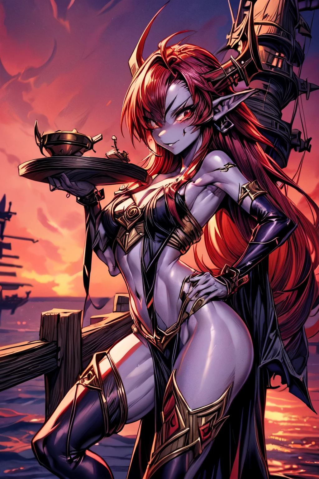 goblin pirate woman, (((goblin pirate woman, delicated pose, detailed face, pale skin, long red hair, goblin))), gorgeous anime goblin pirate, gwen from league of legends, gorgeous sensual pirate outfit, sensual pose, (((red sky background, gorgeous shipyard background)))