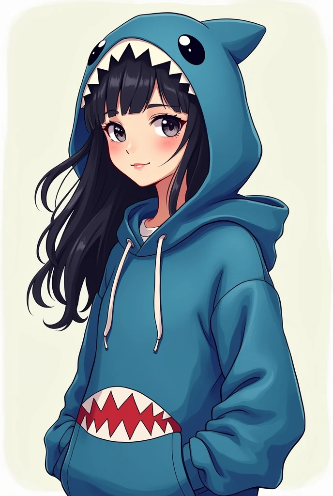 Hoodie girl illustration cartoon picture long black hair with hoodie on body slightly facing left hooded shark hoodie