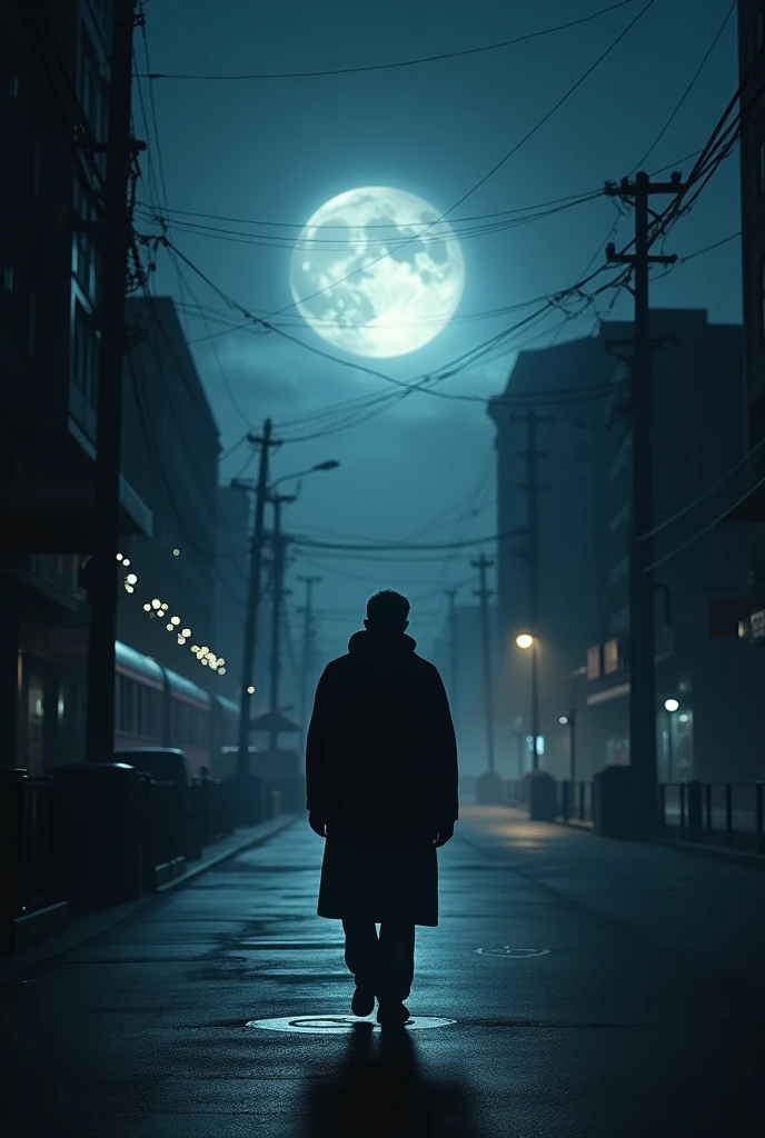 Lonley men into the the dark whit the shining moon behind in the city whit a train
