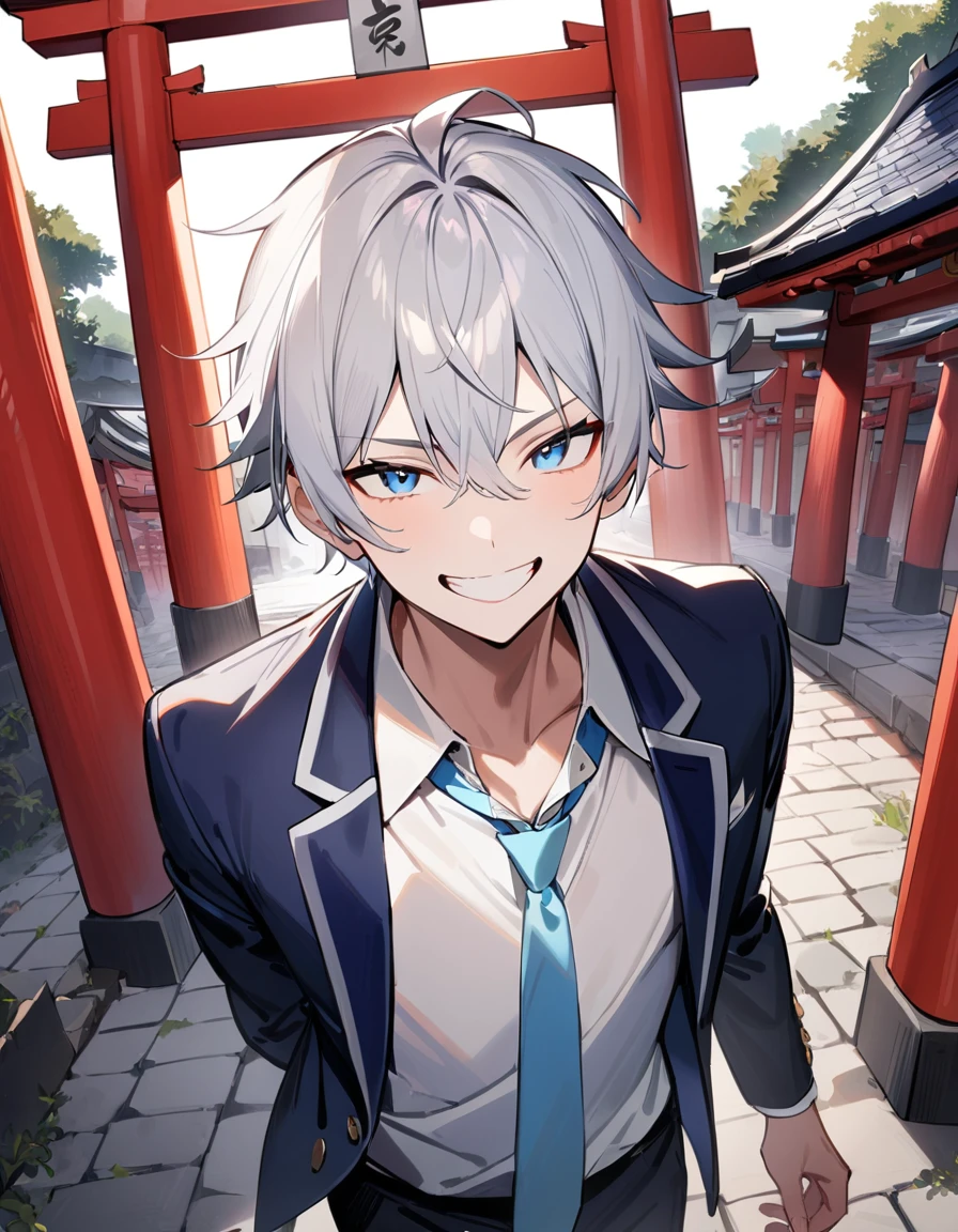 1 male, silver hair, dark blue eyes, blazer, grin, white shirt, light blue tie, stone pavement, torii gate,masterpiece,