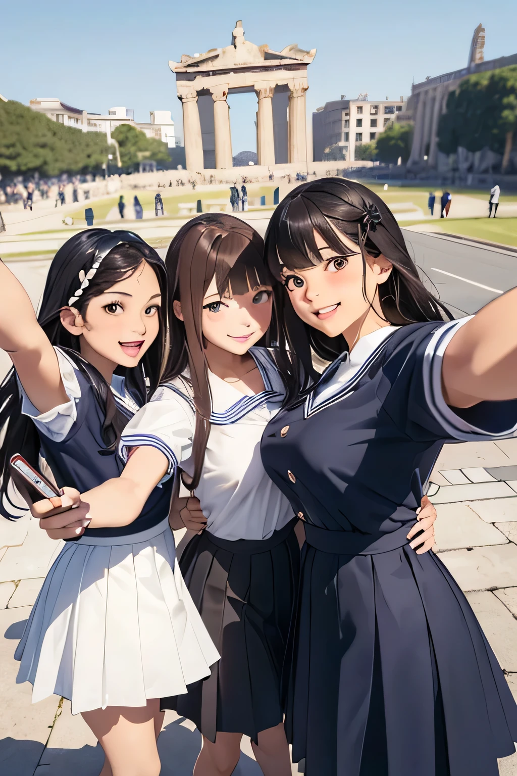 Highest quality、High resolution、Detailed Background、(Beautiful face in every detail:1.4)、Anatomically correct、(Normal number of fingers:1.2)、(Highly detailed face)、Detailed eyes、Teenage beauty、(Huge breasts:1.2)、Perfect body line、Brown Hair、Black Hair、Braided bob cut、ponytail、Wavy Hairstyle、well-groomed eyebrows、Shiny navy blue sailor suit、White sailor collar、Navy blue pleated skirt、School Cardigan、White Stockings、School trip、historical charm、History of Civilization、Ruins Spot、In a joking manner、A fun atmosphere、A big smile、smile、Cowboy Shot、
(Three people taking a selfie with a famous spot in the background:1.5)、
Parthenon temple、Beautiful architectural heritage that tells the story of ancient Greek civilization、cute