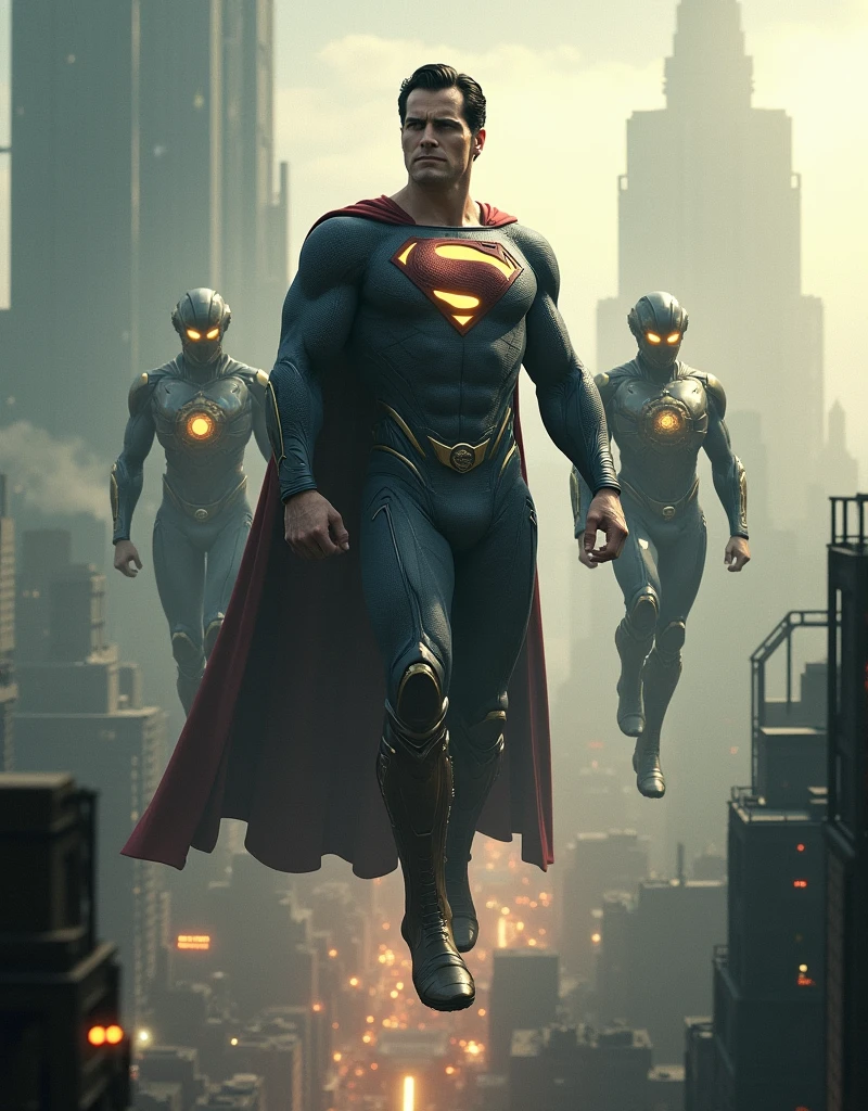 King Kal El and Kryptonian Cyber Troops hovering the Dystopian City Scene
