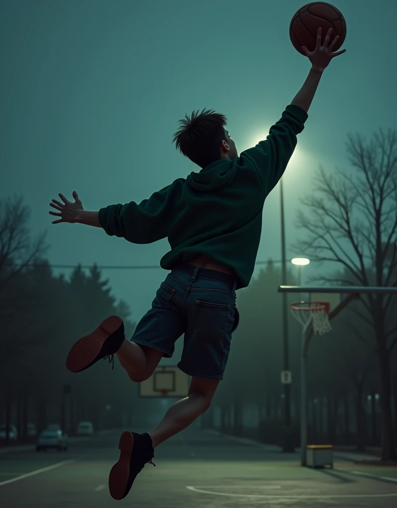 Adult boy from behind on a basketball court at night, throwing a basketball, with a dark green sweatshirt.