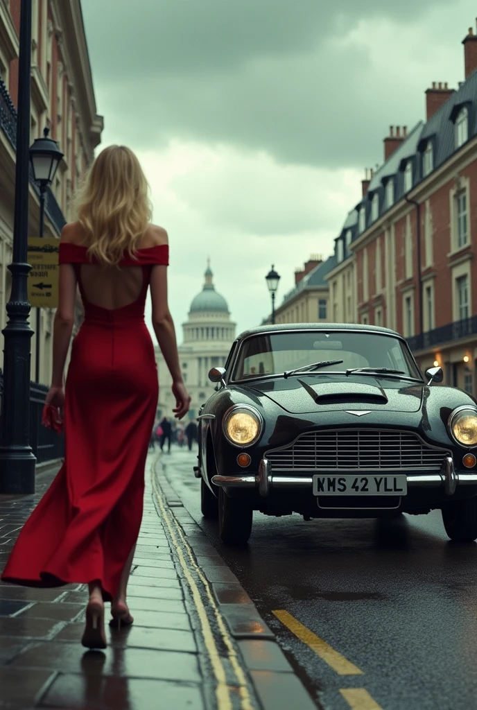 Black vintage car on London streets with cloudy sky about to rain with blonde woman with loose shoulder length hair in elegant red off shoulder vintage style dress walking knee high on left sidewalk opposite car with distant perspective of panorama
