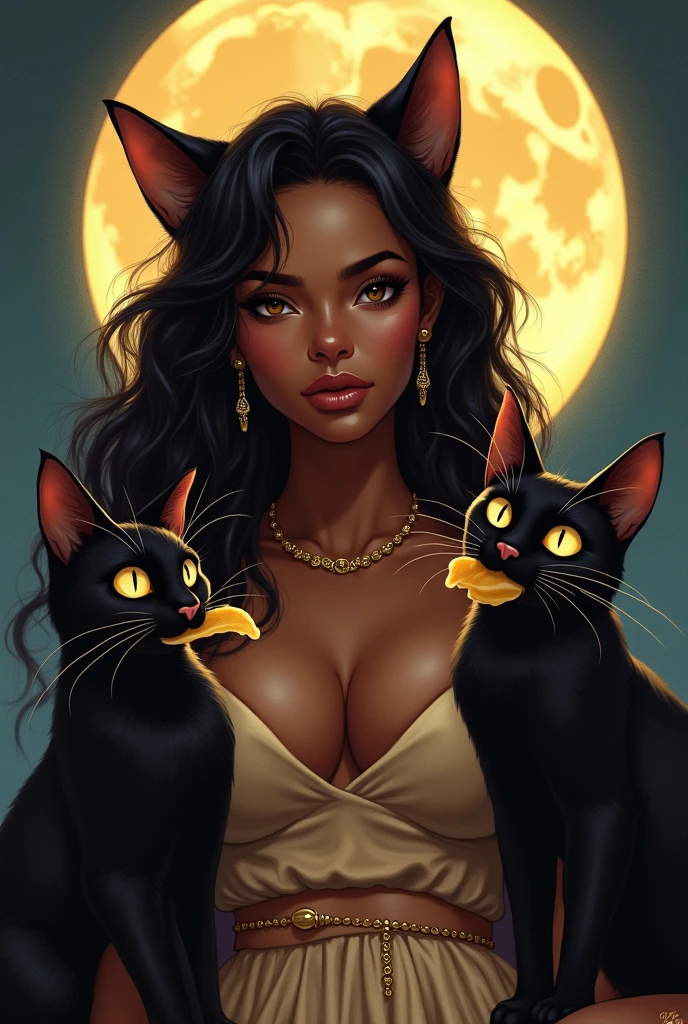 A y Egyptian Mulatto woman with cat ears half feline, two black cats next to each other, one of them with a piece of pasta in his mouth and in the background the beautiful and bright full moon.
realistic drawing.