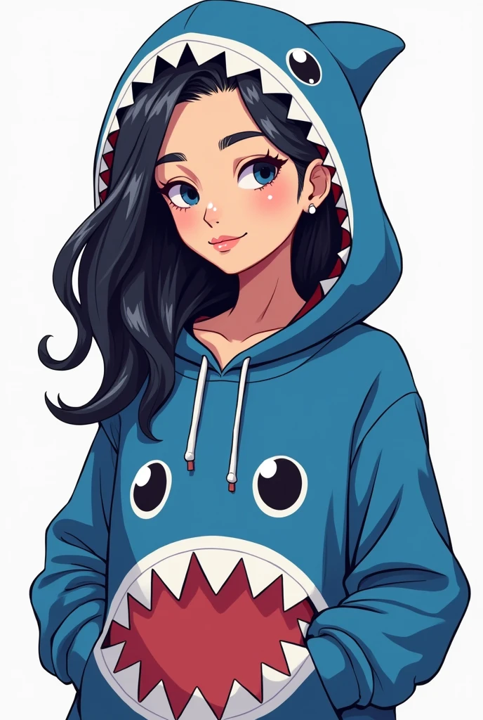 Hoodie girl illustration cartoon picture long black hair with hoodie on body slightly facing left hooded shark hoodie