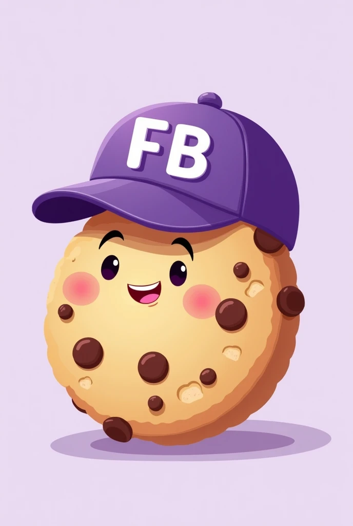Illustration type cookie that is pretty, happy and has chocolate chips, that has a purple cap that says FB in capital letters and has a light purple background