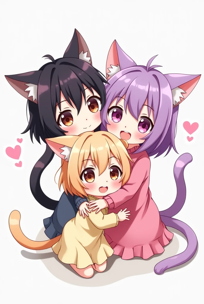 THREE neko girls hugging. Noir, pink and purple hair. Manga version