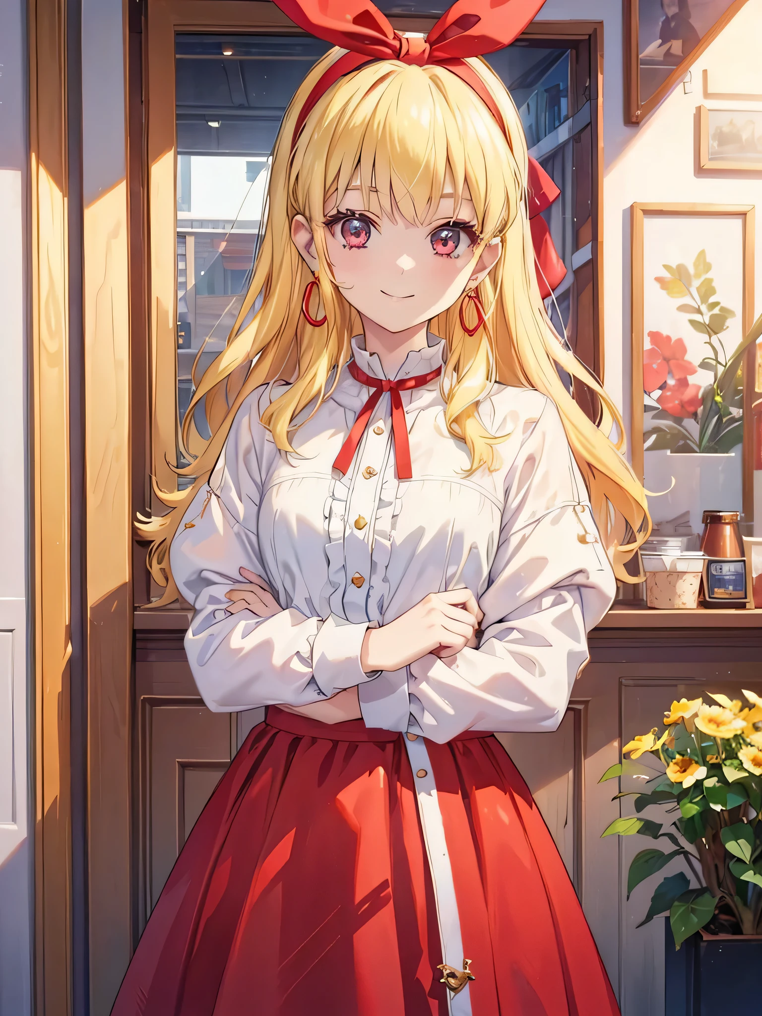 (RED Ribbon on HAIRband:1.2),cowboy shot,,a young GIRL with Blonde hair, smiling, posing on the ROOM, 1girl, jewelry, earrings, solo, realistic, hoop earrings, outdoors, looking at viewer, smile, Blonde hair,
