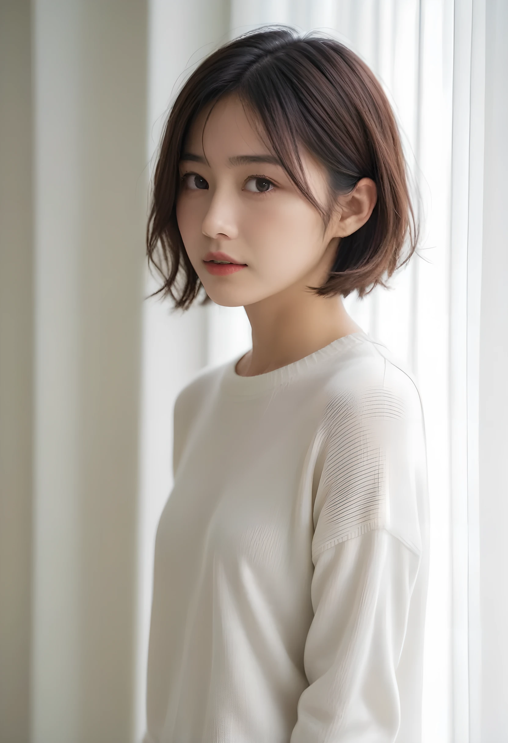japanese woman, (close-up:2), standing, (natural lighting), wavy short hair, forehead, (dark brown eyes),(from side), (downward slanting eyes),pouty, (white sweater),(dynamic posing) (see-through curtain, bright room)