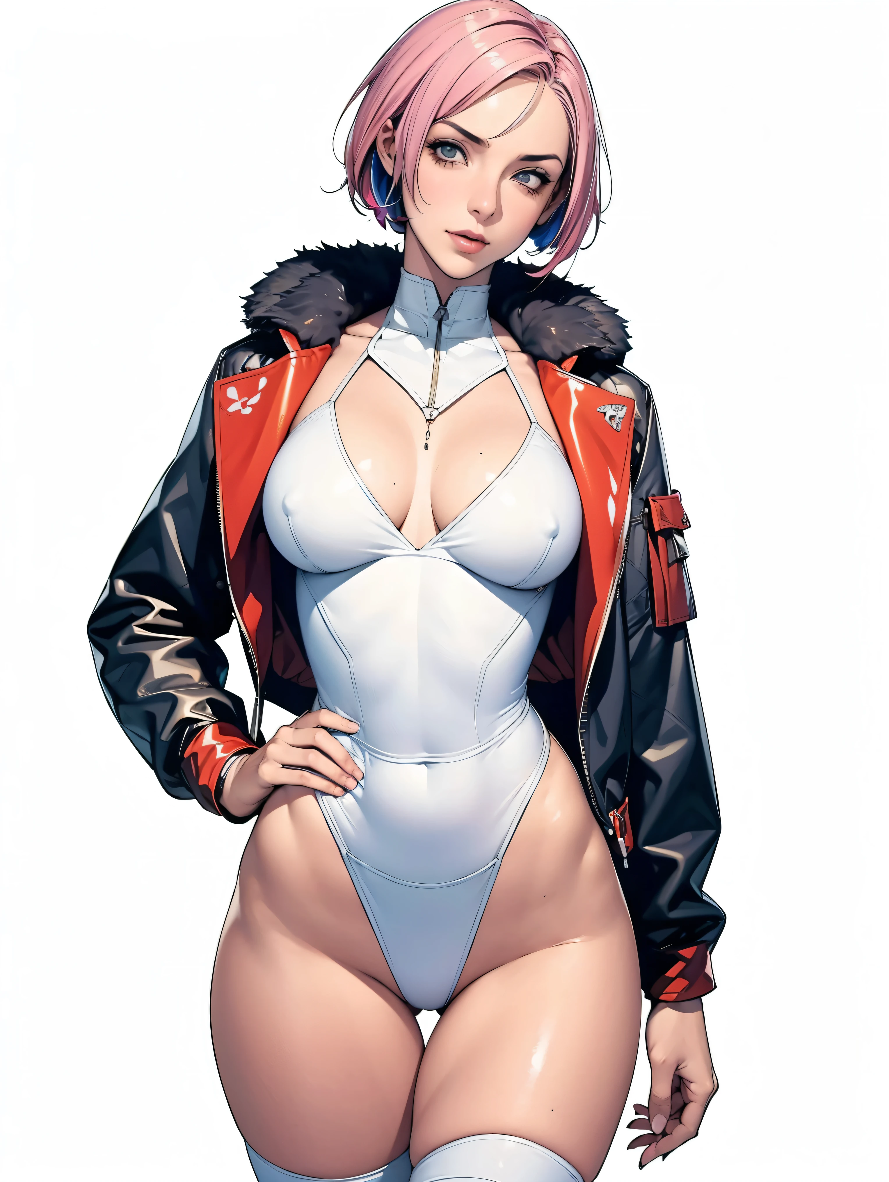 (((Annie Lennox))), (((colorful suit))), (scars), (((bandaged arms))), (((colorful clothes))) (( hood)), (((best quality: 1.4))), (Unbeatable masterpiece), (hyper HD),(CG 8k hyper-realistic), beautiful face, (((breasts big))), (((hyper feminine))), sexly girl, ((round face)), black tattoo,(ultra short red hair with white highlights)), ((( sculptural body ))), (((1 Kizi))), Kizi tatuada de 25 anos com perfect body, perfect hands, perfect fingers ,Beautiful and well-groomed face, (round face), muscular body:1.2,solid color detailed jacket, (Head to thigh photos), Complex equipment, ,Tight clothes,With white stars and off-white stripes,,,,,Armor Metal Electronic Parts, Poison tattoos ) INFO, Kizi, (((standing alone))), , 24歳, sexy, pose de attitude, work of art, dancing, ((slight smile)), post-apocalypse, (((manga style))), bounty hunter, the way you want, perfect body, roupa moderna, advanced technology, white, yellow accent, black, red accent, fur collar jacket, sleeves with vertical striped pattern, background city, (( cowboy shot )). intricate visual, narrow waist, (((wide hips))), wide hips, fit thighs, (((thigh gap))), Thigh gap, background shows a futuristic airplane, open expression, expression happy