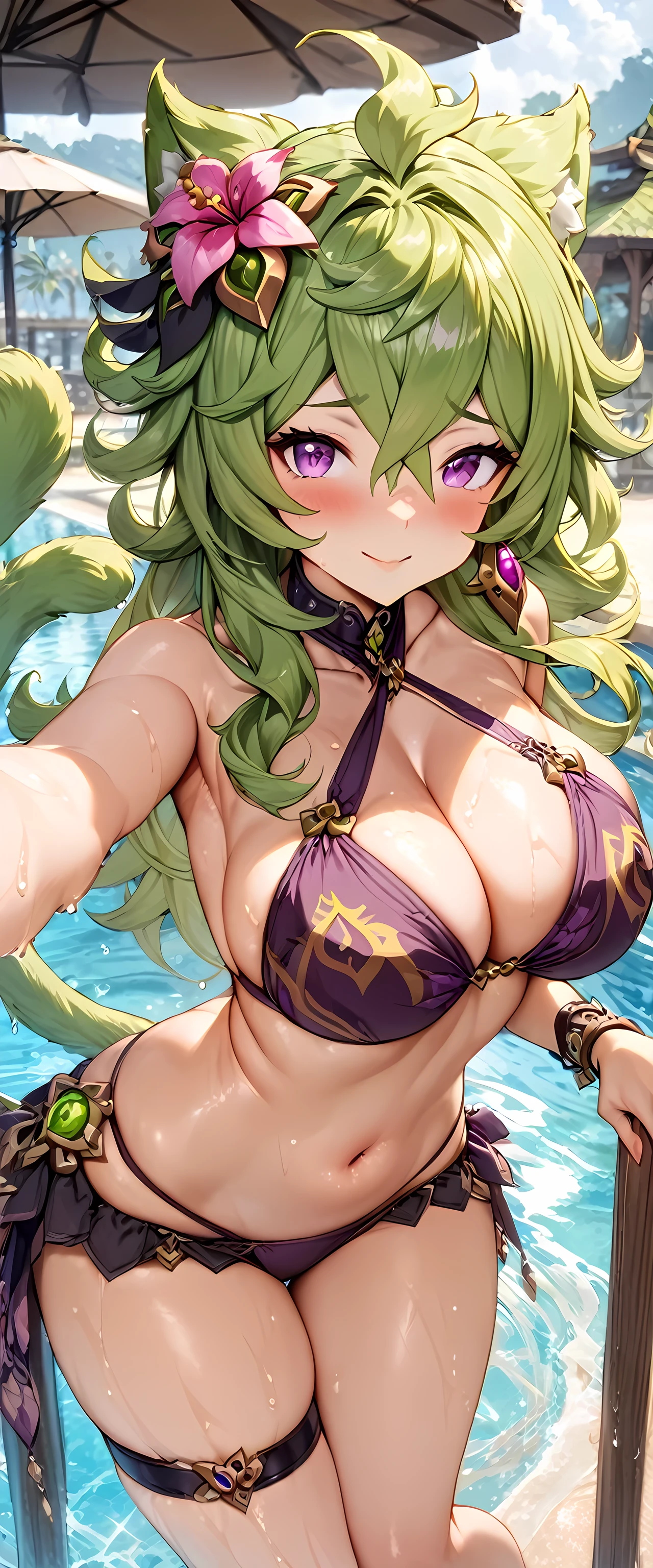 (masterpiece), best quality, expressive eyes, perfect face,1girl,collei,genshin impact,big breasts,sexy bikini,criss-cross halter,purple design bikini,purple eyes,poolside,standing,blush,beach resort,sexy pose,(bare shoulders),anklet,smile,mouth open,looking at viewer,wet,water,bare feet,((hair flower)),beach ball,catgirl,green cat ears,green cat tail,cowboy shot