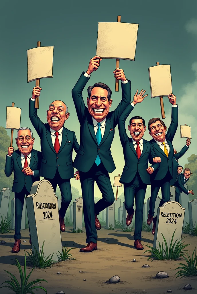 A cartoon of politicians rising from graves labeled with corruption scandals like “Mensalão”, “Petrolão” and “CPI of NGOs”, all with smiles and holding “Reelection 2024” Brazil signs with space to add a title