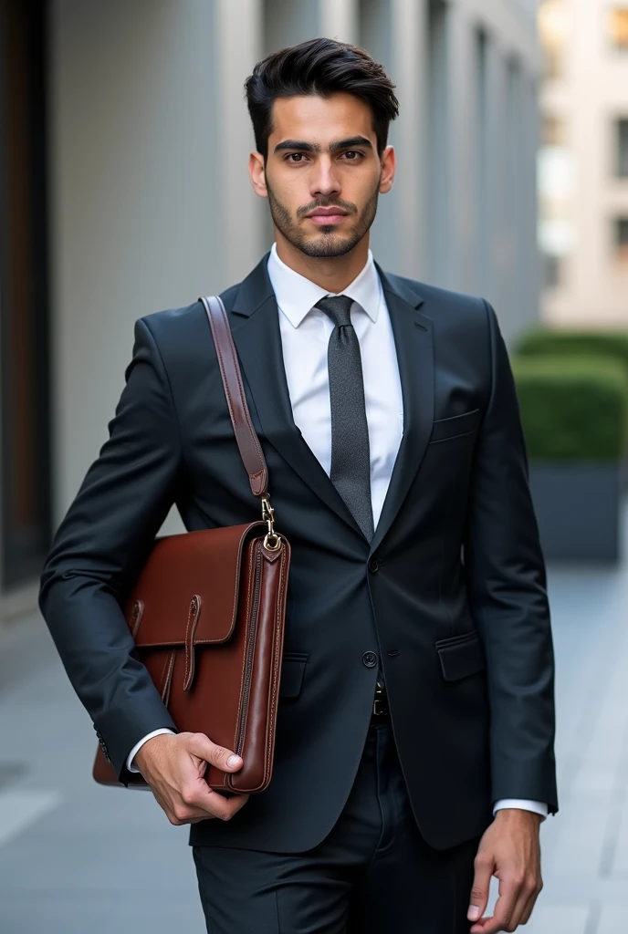 A young and attractive Palestinian man wearing a suit and carrying a briefcase 