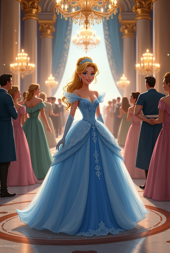 Make a 2D image where you have Princess Cinderella at a court ball