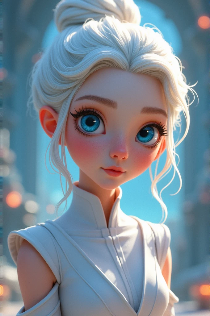Generate me an image of a white-skinned woman with blue eyes and a bun hairstyle who looks like a Disney Pixar-style Star Wars character