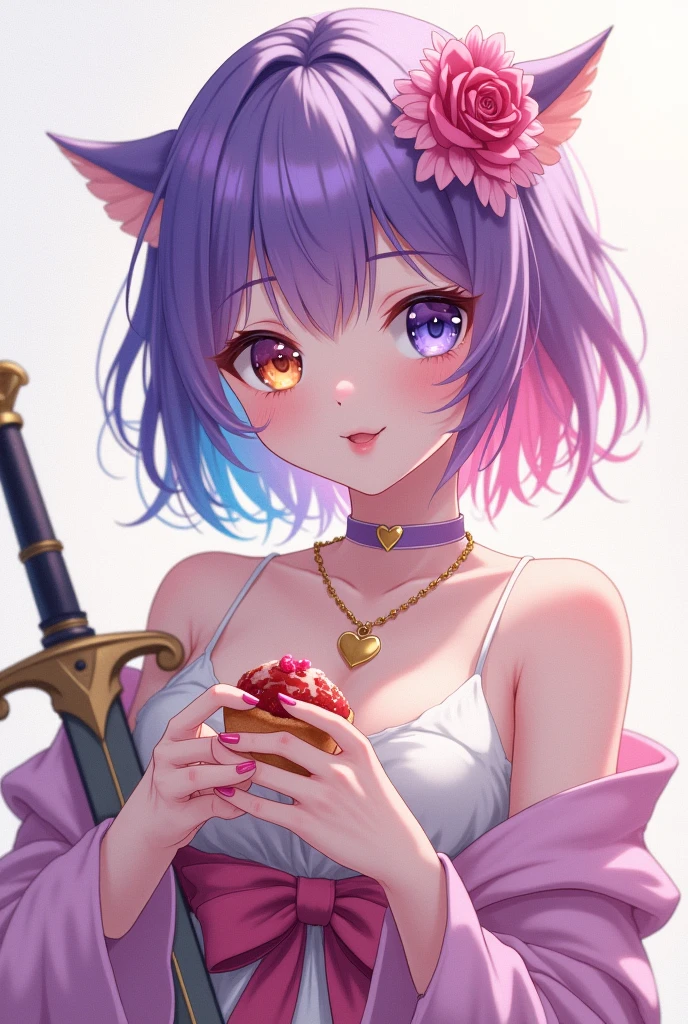 Full-body image, Highest quality possible, Greatest possible realism, delicate and feminine femboy, her hair is half purple and half pink, Her skin is white and delicate, under your skin is a golden, shiny powder, their eyes are different colors each one has a different color, he is cheerful and loves butterflies and flowers, wears a heart necklace and choker, he is elegant and has noble origins, he also loves swords and eating sweets, is always taking both things.