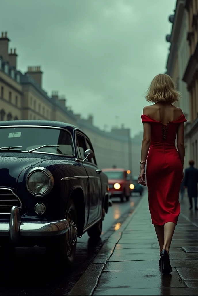 Black vintage car on London streets with cloudy sky about to rain with blonde woman with shoulder length loose hair in elegant red off shoulder vintage style dress walking knee high on left sidewalk opposite side of car