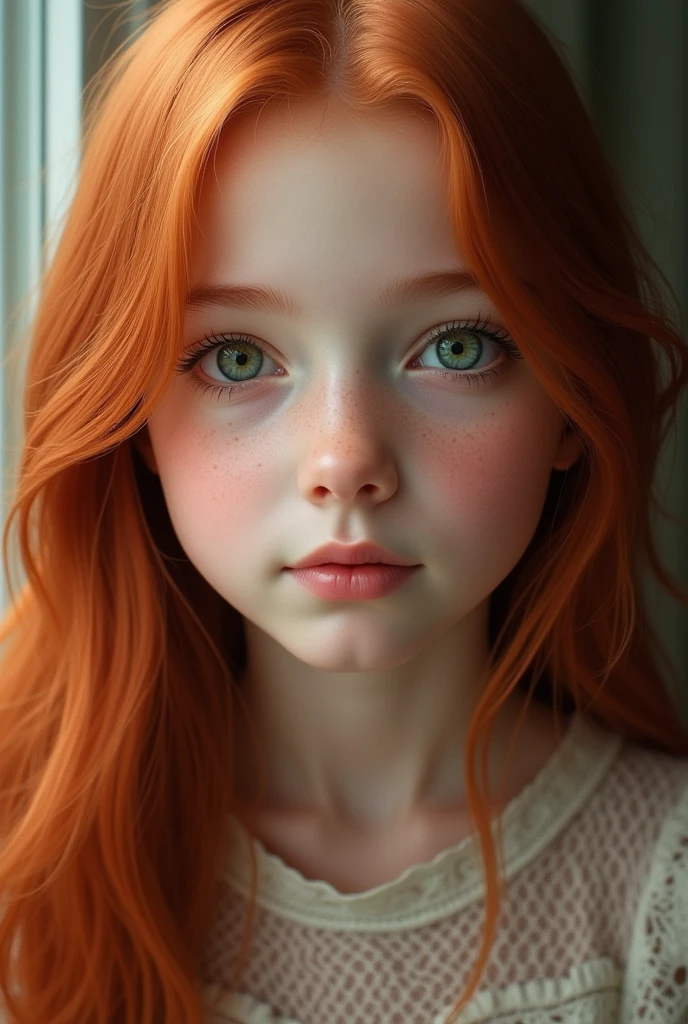 Girl, bambi eyes girl, green eyes, inocent face, cute face, long hair, beautiful, realistic girl, symmetrical face, photorealistic, red-haired girl, cute girl, 15 years, kawaii rusian, realistic, oval face, adolescent girl realistic 
