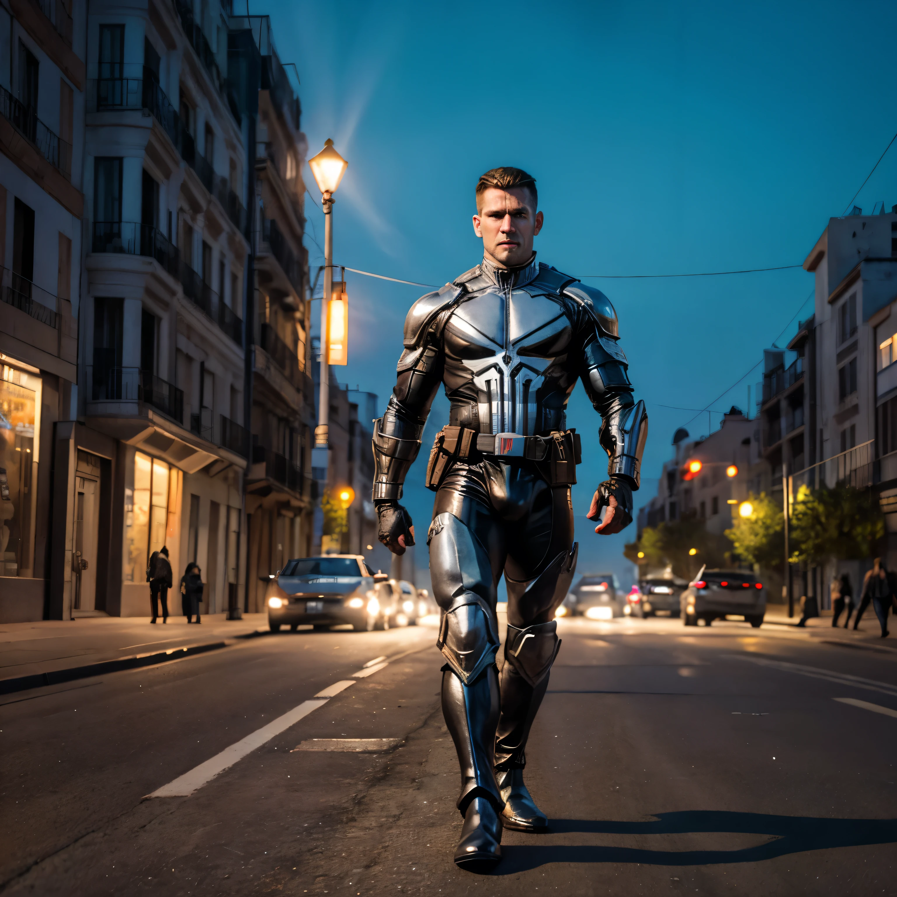 The punisher, an incredibly muscular and overly bodybuilding white man, with brown hair in a very short and well shaved cut, in blue-black metallic armor very close to the body like latex, thin metal boots with stainless steel square shells, moves cautiously on a deserted street, watching indicators on a small LCD screen on your forearm, at night, in Madrid. full body view. Your boots must be seen