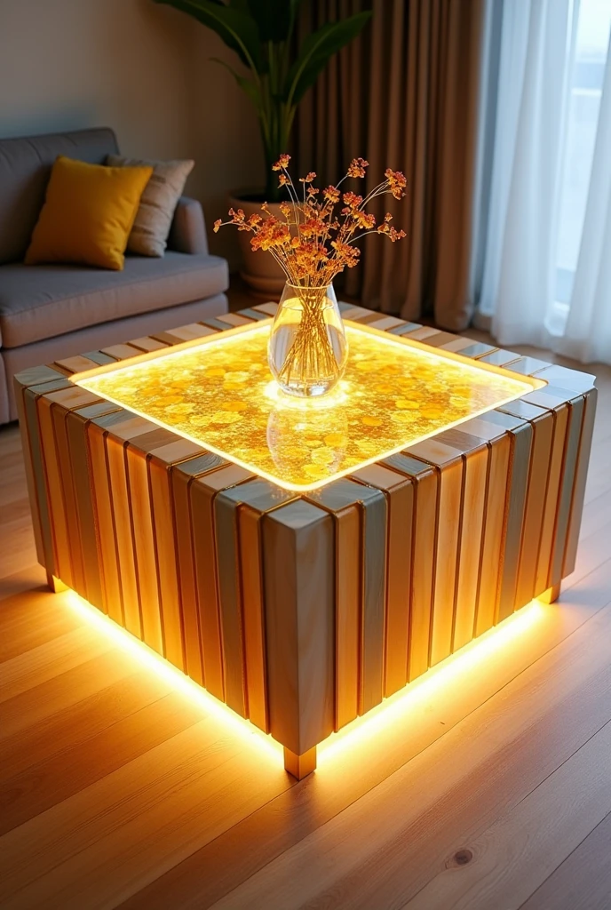 Small and simple, this handcrafted square small table features a clear glass top that creates a simple visual effect similar to a deep well thanks to the warm golden LED lighting.. The sides are made of high quality MDF wood covered with acrylic and epoxy materials in random colors and gold stripes and lines to give a stunning touch. . The table is decorated with simple decorations such as artificial flowers and golden ornaments made of light materials.. The table is placed on a light wooden floor, adding a touch of simplicity and modernity.. The design combines elegance and economy, making it suitable for any salon with a modern, elegant style. It looks cute.
