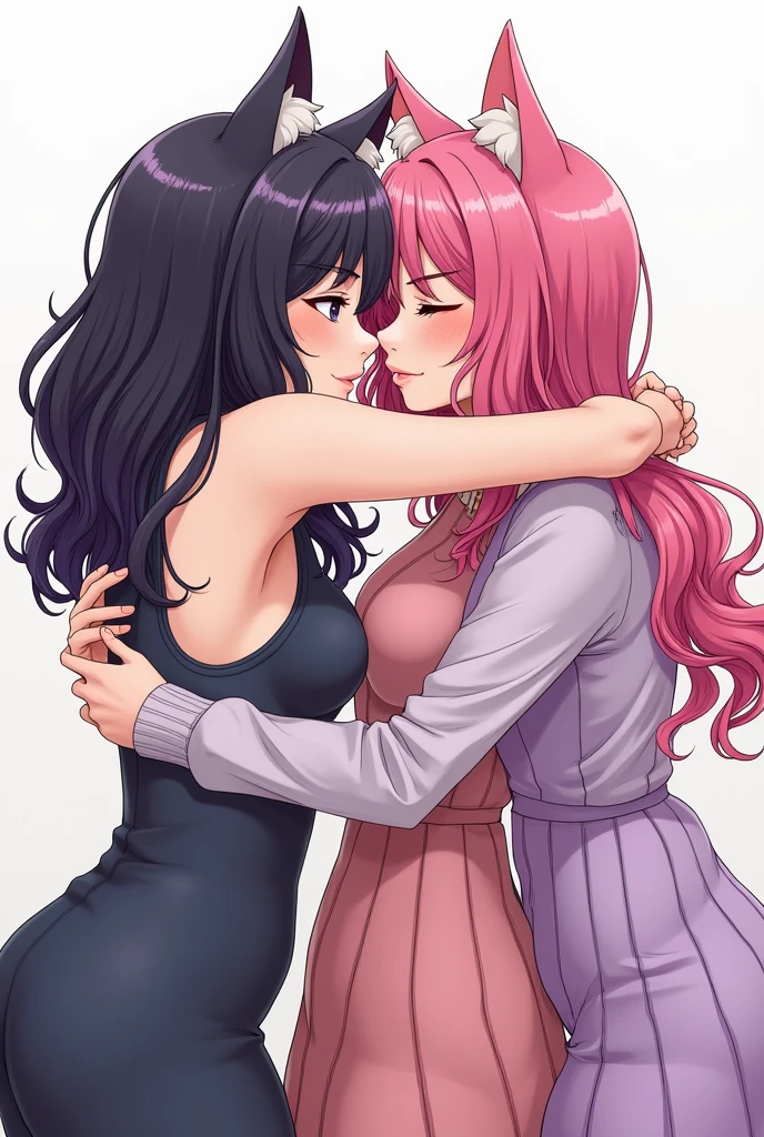 THREE neko women hugging. Noir, pink and purple hair. Manga version