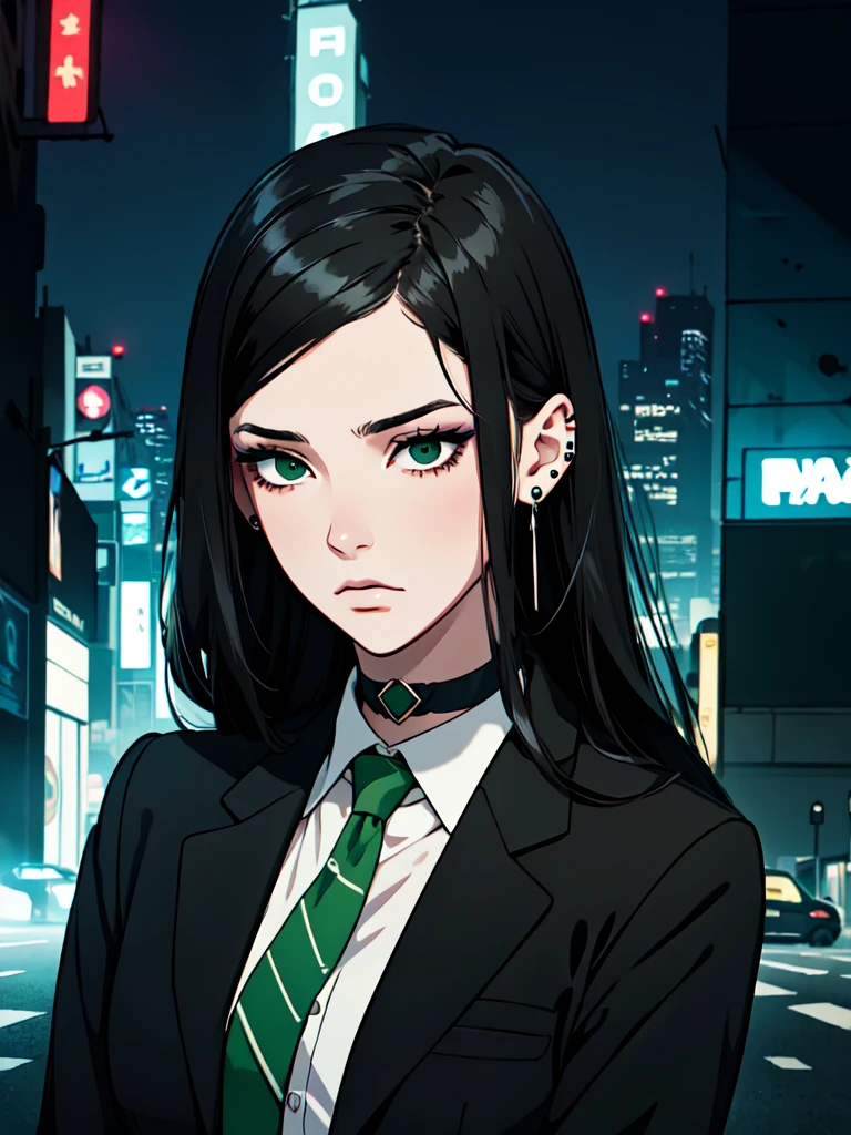 1girl, ((hair over eye)), (tight black lace blazer), black tie, ((long hair)), ((straight hair)), (((black hair))), side swept bangs, white skin, pale, white, (green eye), tired expression, choker, ((dark makeup, mascara, eyeshadow)), (mole under eye), multiple piercings, best quality, 8k, cyberpunk city, neon streets, white shirt, erotic, slytherin