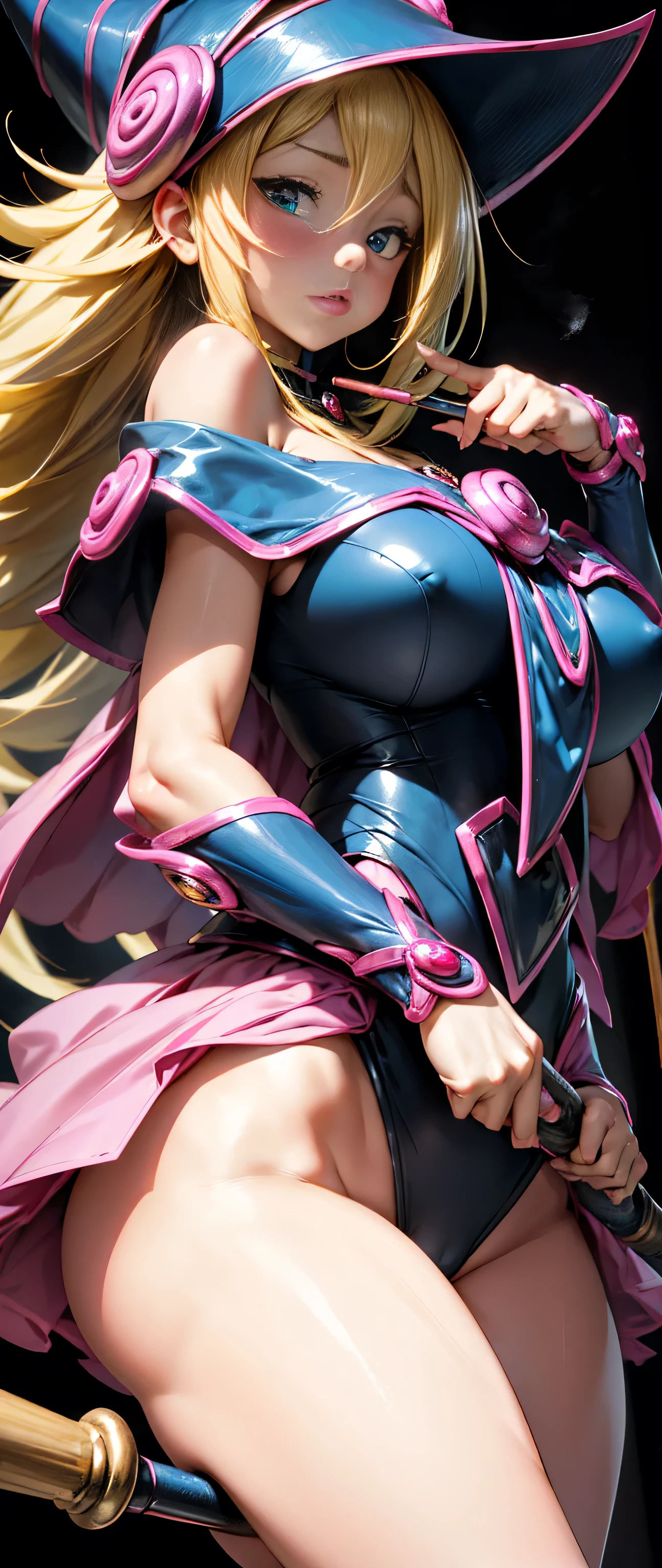 black magician girl、Super thick chest、very blonde hair、magic circle、8k, 4k, Of the highest quality, High resolution: 1.2),flicker、an exposed breast、cute anime face、pink blush on the cheeks.、noise removal、Leotard that bites、have a cane、Keep your stick very close to the.screen 