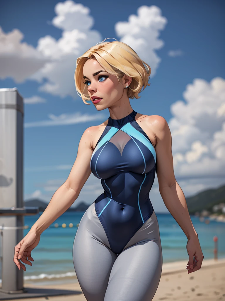 Hot blonde girl with short hair, blue colored eyes, wearing a A blue swimsuit with a long neckline showing the breasts, wearing transparent gray leggings,
