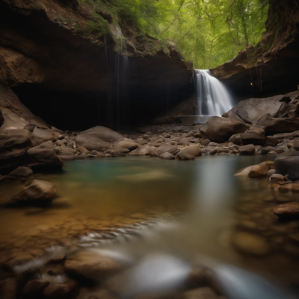 Create a beautiful image of nature with a beautiful natural pool in a cave and a waterfall.