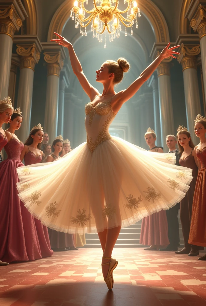 Make a 2D image where Princess Cinderella is a ballerina at a court ball