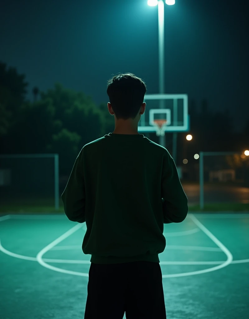 Adult boy from behind on a basketball court at night, with a dark green sweatshirt. 