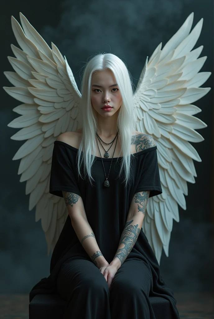 Young lady white hair perfect body setting on the chair and have tattoos with black t-shirt and necklace like a fairy face smooth skin pink lips and dark smoke background and big wings of an angel