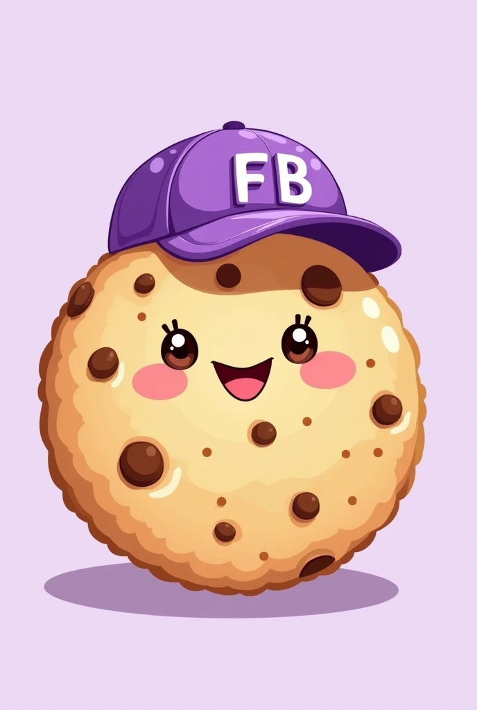 Full body cookie illustration type that is pretty, that is happy and has chocolate chips, that has a purple cap that says FB in capital letters and has a light purple background