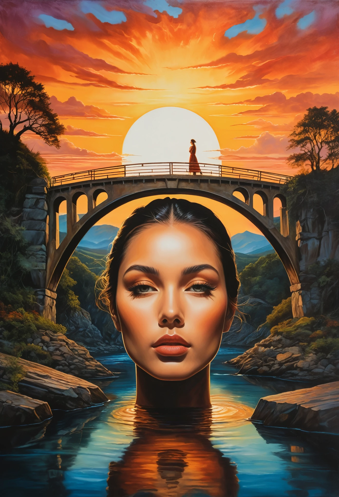 The surreal ink and charcoal image features a woman's face seamlessly blended with a picturesque landscape, creating a captivating and thought-provoking visual. The woman's face is the center of attention, the upper part of her face blending into a scene of a historic bridge spanning a body of water at sunset. The arches of the bridge align perfectly with his eyes, giving the impression that the landscape is seen through his gaze.The water flows under the bridge and appears to blend into the lower part of his face, suggesting a fluid connection between the natural world and his identity. The sunset sky adds a warm, ethereal glow to the image, enhancing the dreamlike quality of the composition., painting, dark fantasy, illustration