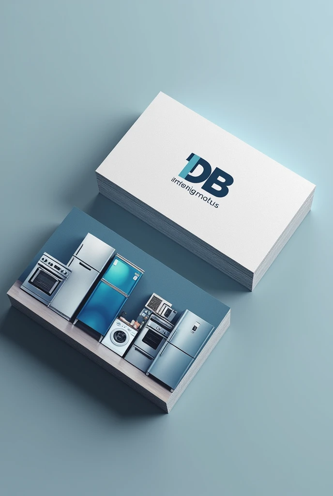 Create a business card for a refrigeration workshop with the initials DB as the logo and the reference image of household appliances in the background