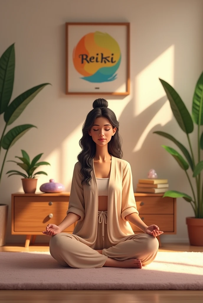 Brazilian Reiki therapist in her office with a cheerful picture on the wall that says Reiki