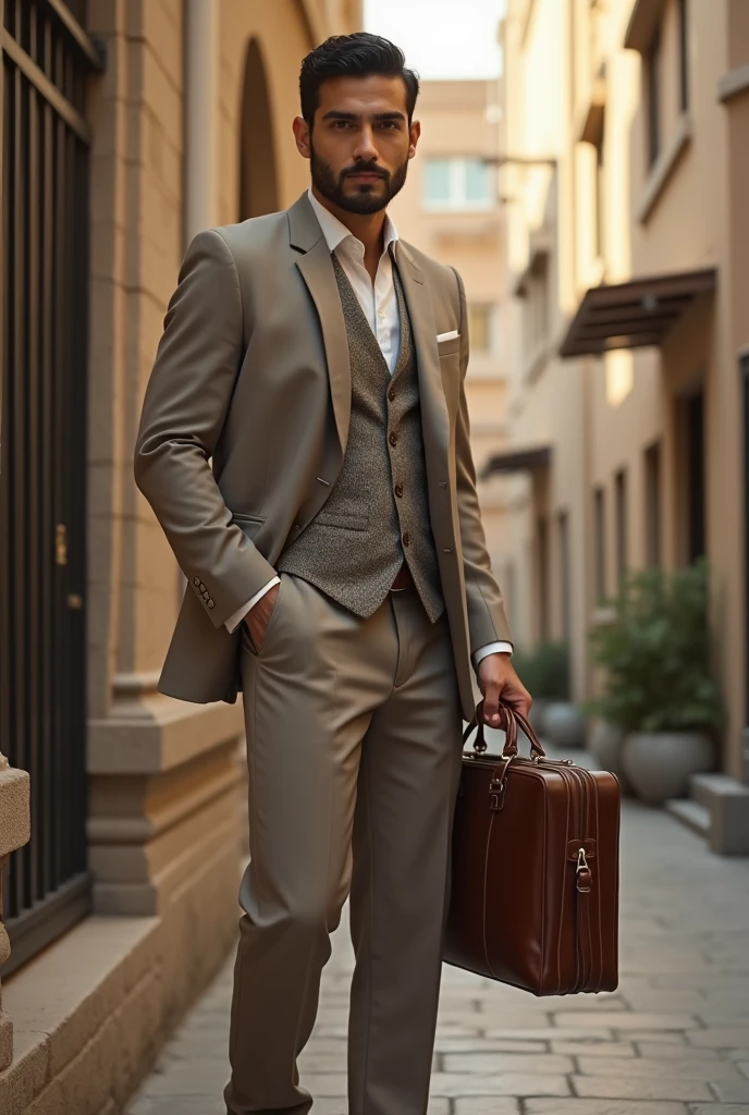 A young and attractive Palestinian man wearing a suit and carrying a briefcase reminiscent of West Bank culture